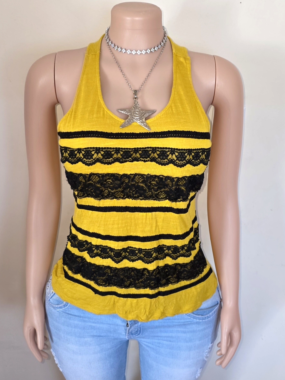 Forever 21 Yellow Racerback Tank with Black Lace Stripes